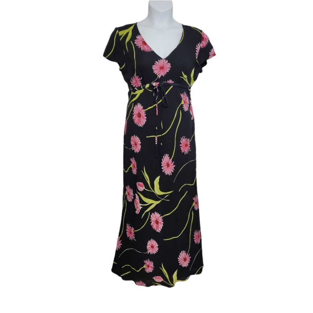 VINTAGE 90s dress pink daisy black empire waist short sleeve maxi M